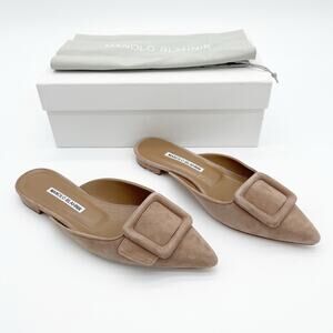 Manolo Blahnik Maysale Nude Neutral Suede Buckle Pointed Toe Mule Flats IT 39.5
